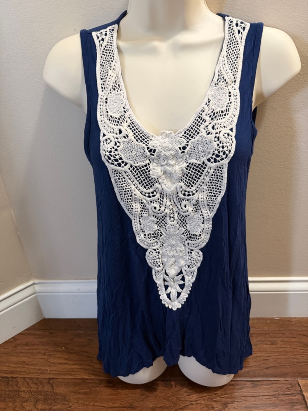 Vanilla Bay Navy Tank with White Crochet V-Applique